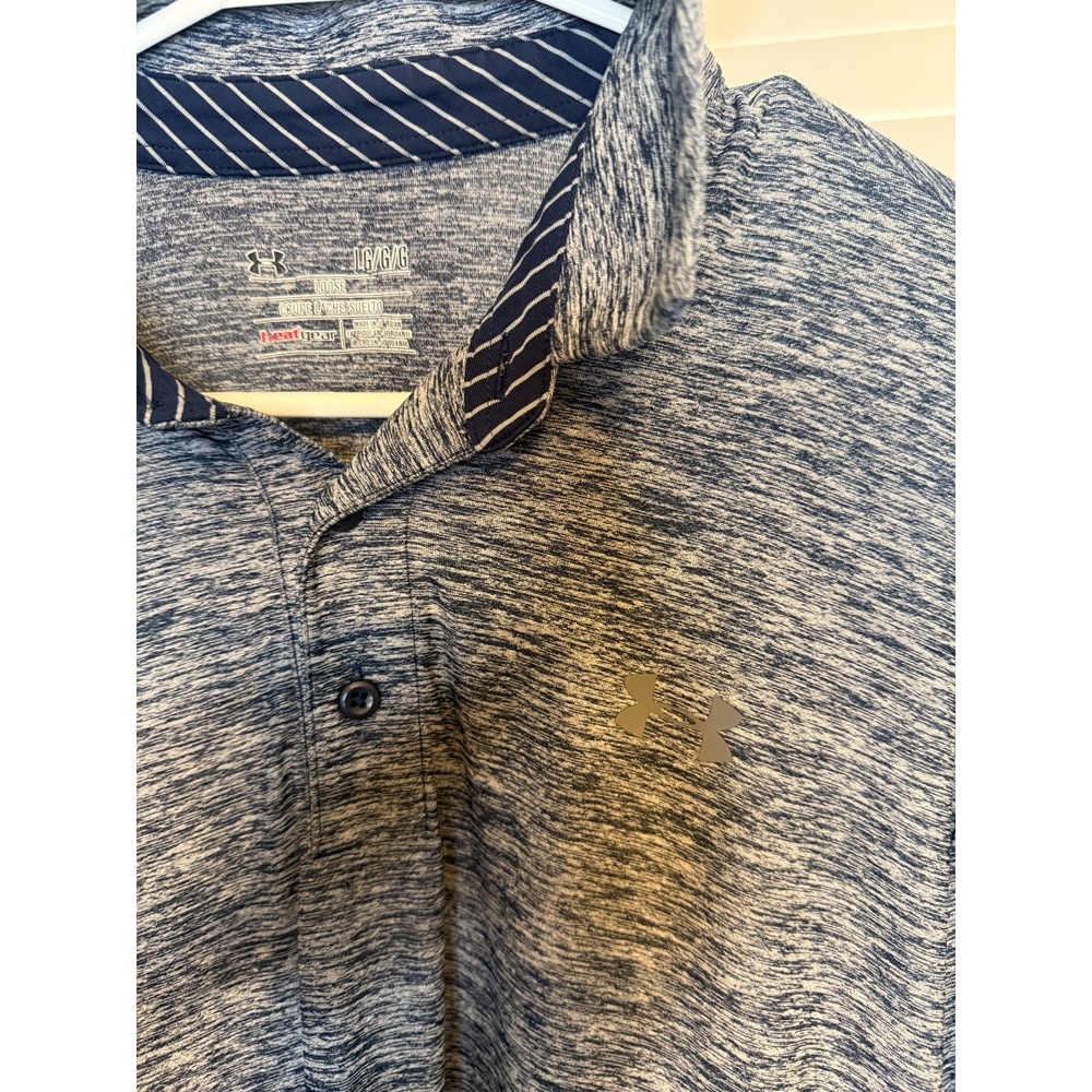 Under Armour HeatGear Polo Mens L Blue Heather Loose Fit Golf Performance Shirt - Picture 2 of 3